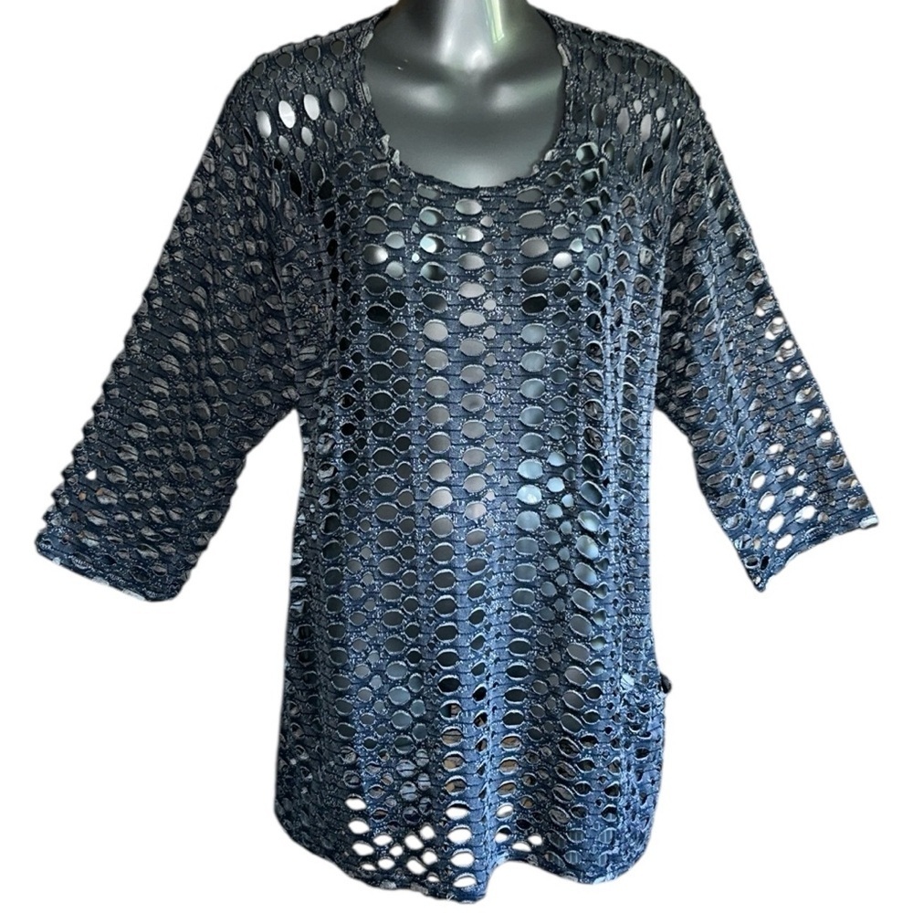 Lulu-B Denim Blue Laser Cut Breathable Mesh Tunic Coastal Cruise Wear Top XL